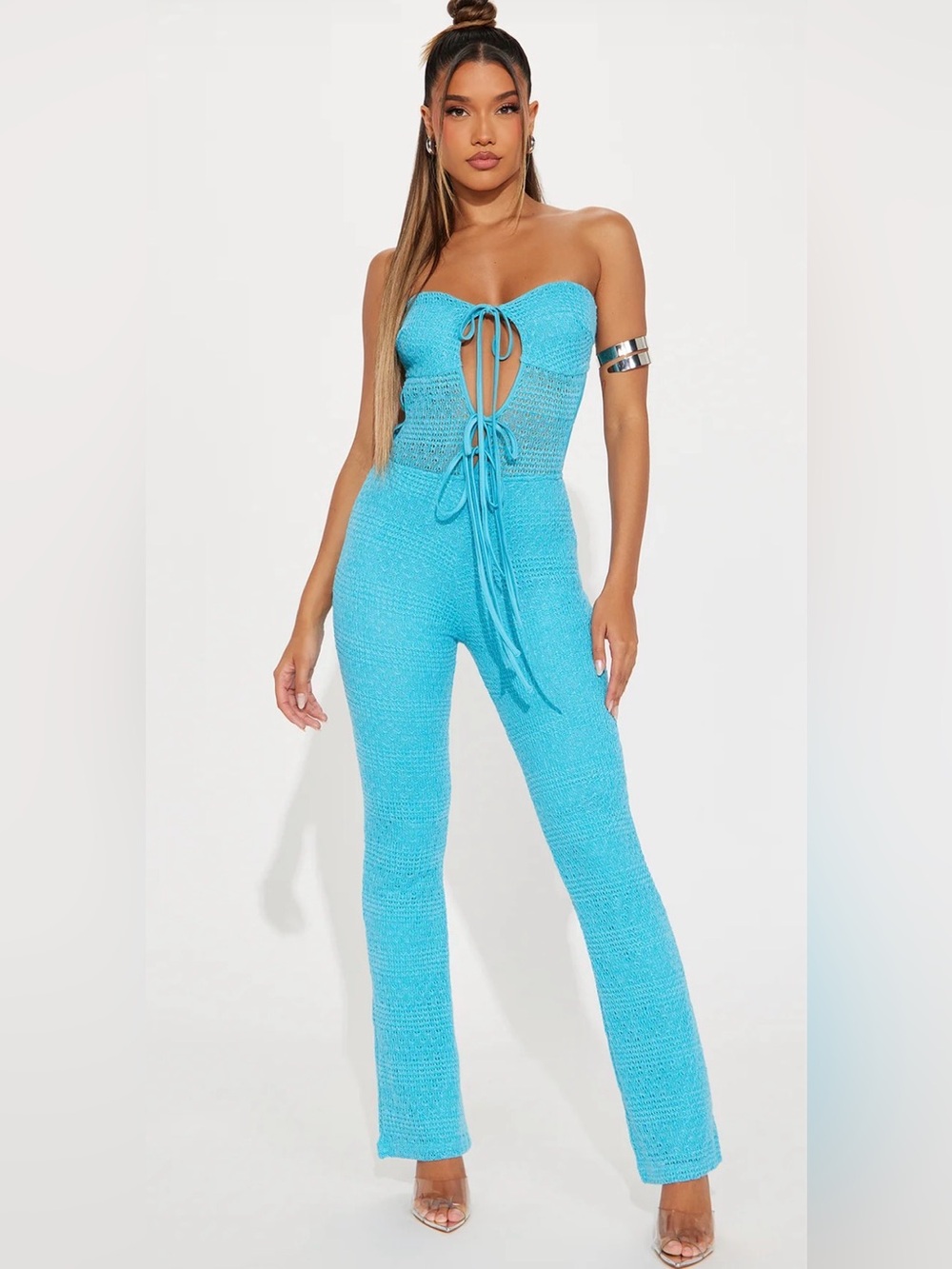 Fashion Nova Strapless Crochet Tie-Front Jumpsuit in Bright Turquoise